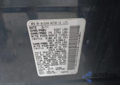 2011 Nissan Murano Sv из США, поврежденный, VIN JN8AZ1MW9BW175107